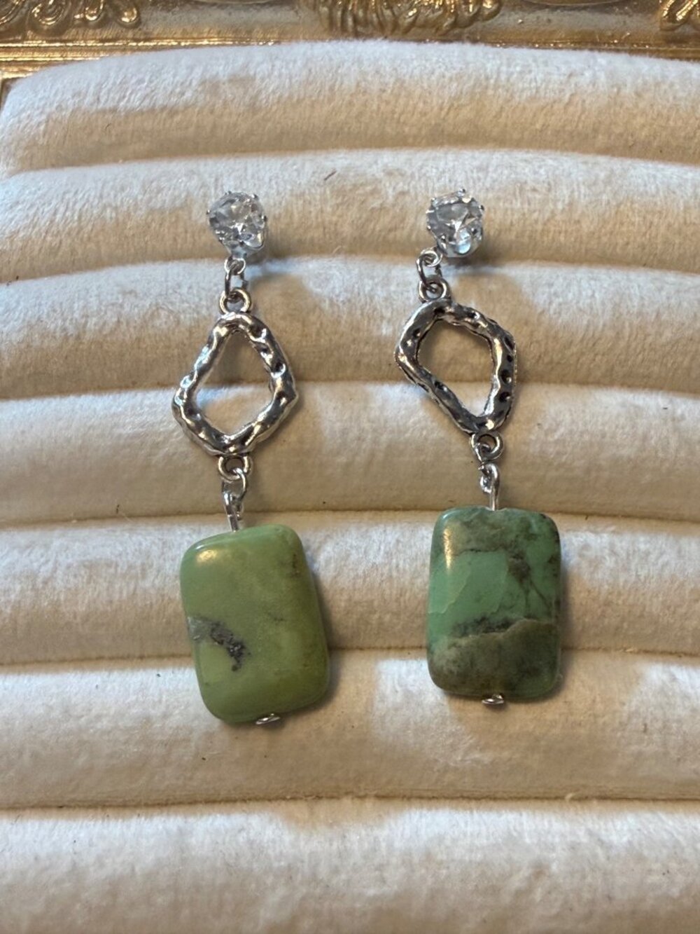 New Sage Elegance – Green Rectangle & Silver-Tone Dangle Earrings